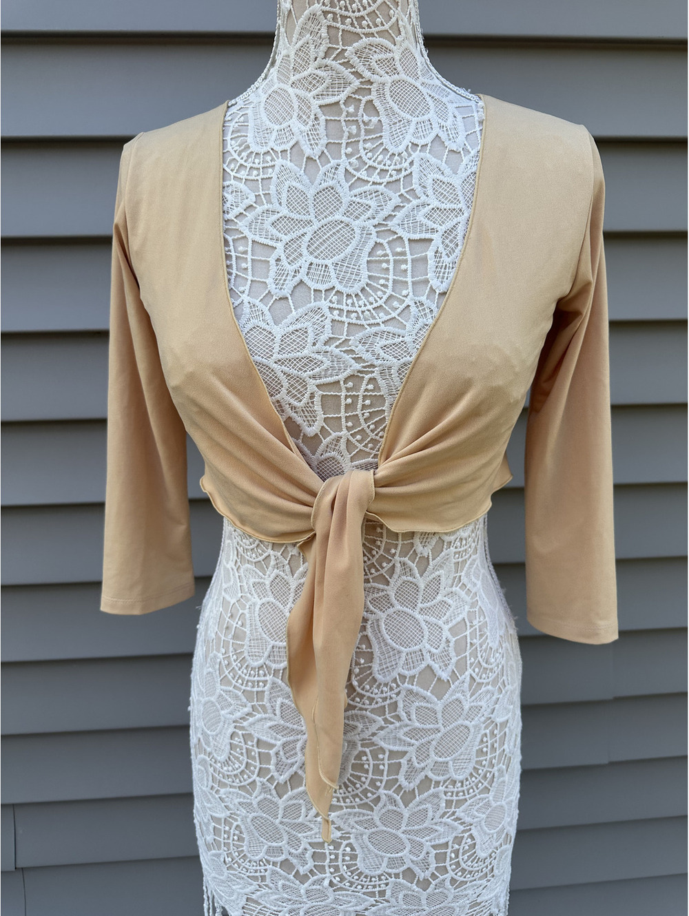 Fashion Beige Tie Front Crop Top Long Sleeve Casual Contemporary